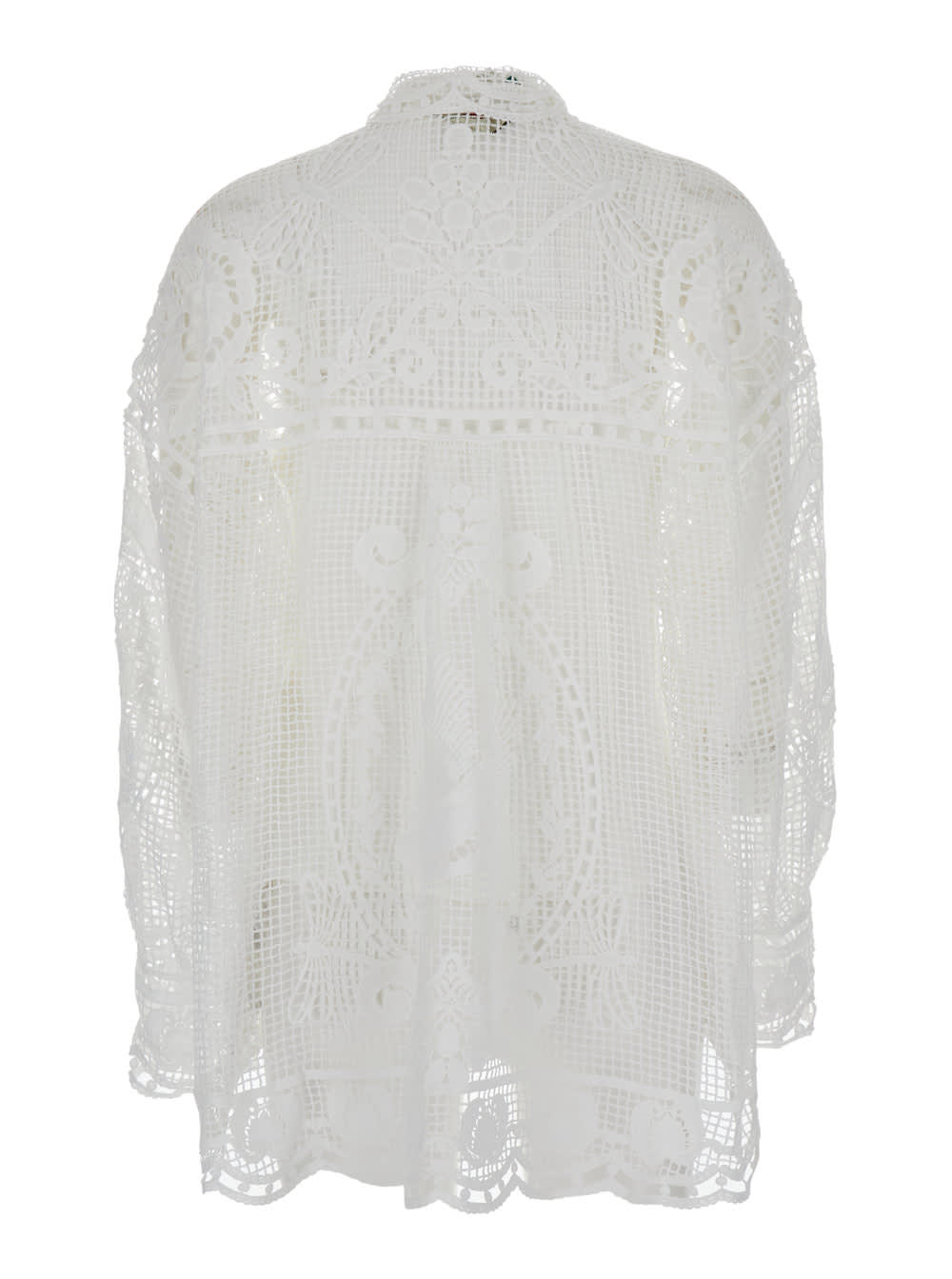 Farm Rio swan Lake White Shirt With Classic Collar And All-over Lace Embroidery In Tech Fabric Woman