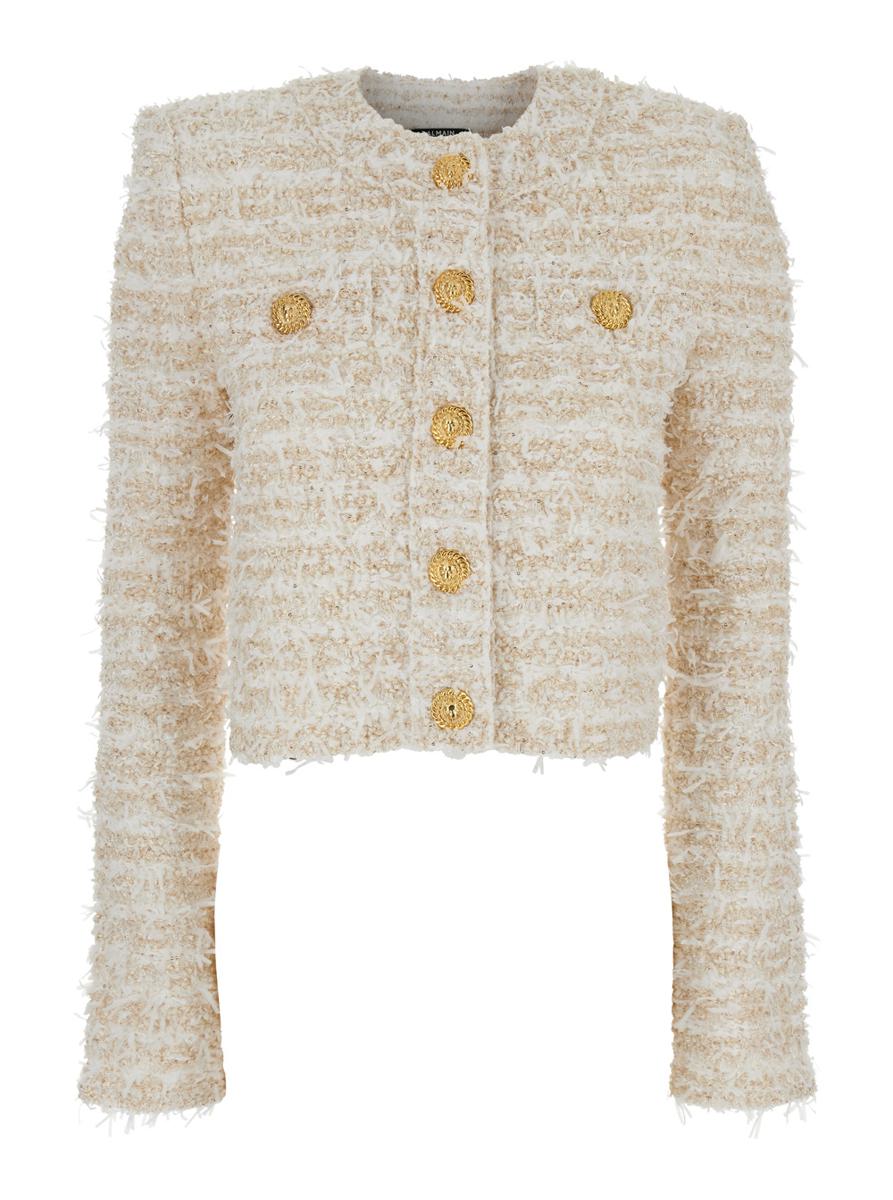White Crewneck Cardigan With Jewel Buttons In Tech Fabric Woman