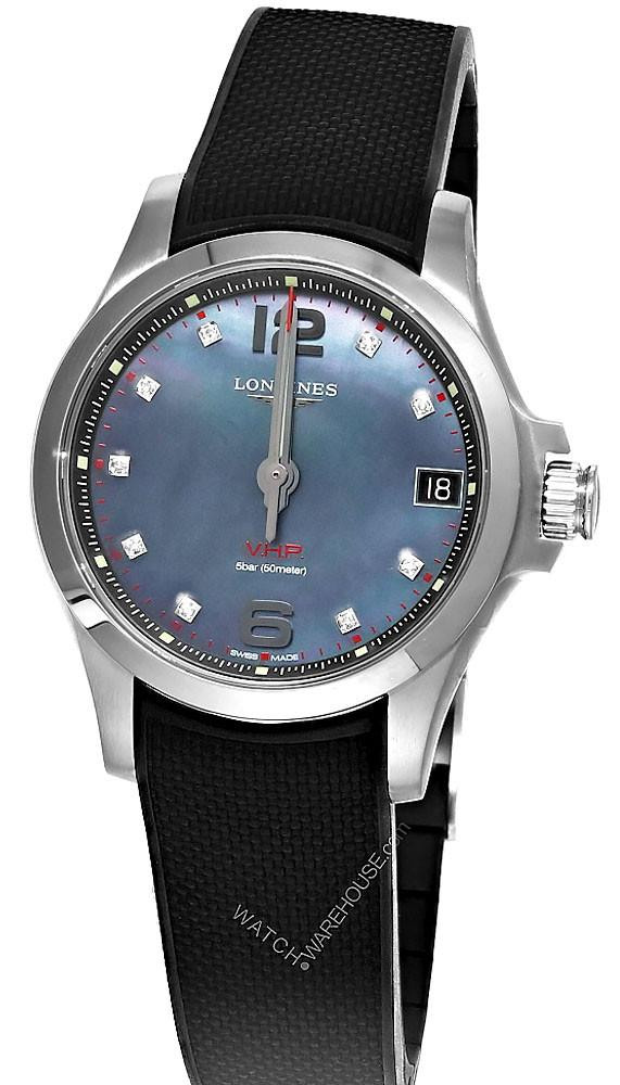 LONGINES Conquest V.H.P. 36MM Black MOP Diamond Women's Watch L3.316.4.88.9 / L33164889