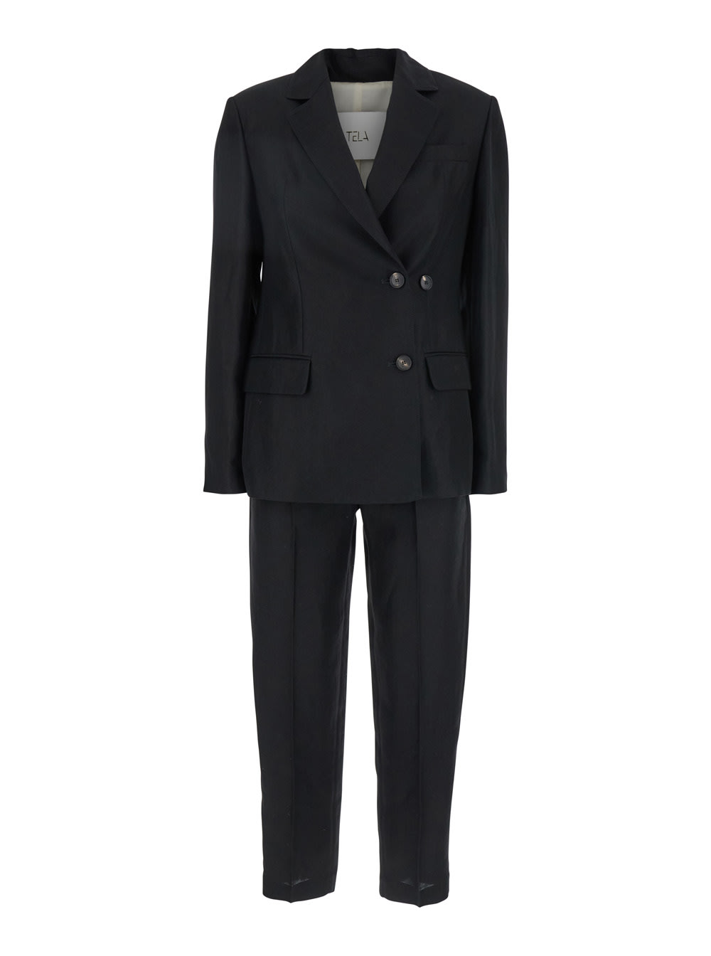 Tela Black Double-breasted Suit With Notched Revers In Linen And Viscose Blend Woman