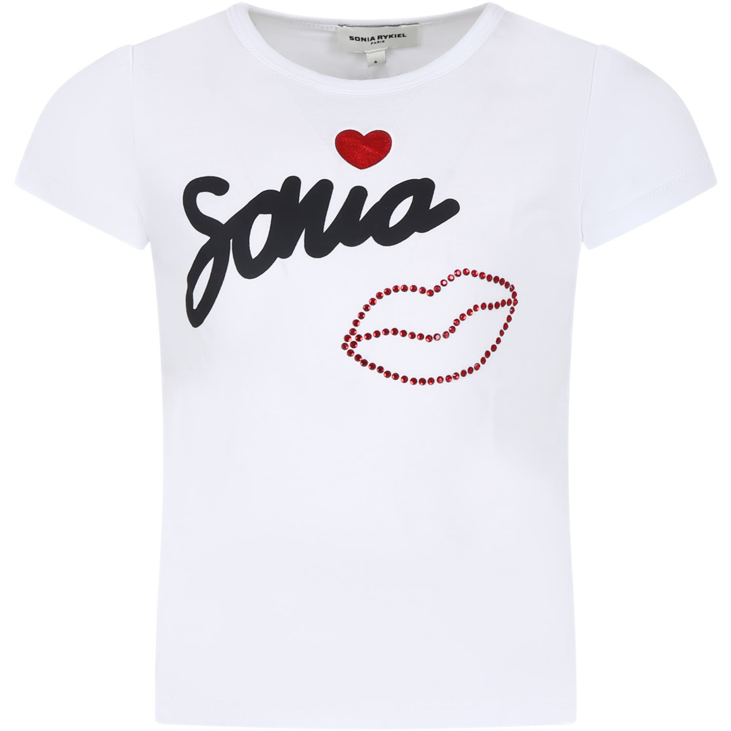 Rykiel Enfant White T-shirt For Girl With Logo And Rhinestones