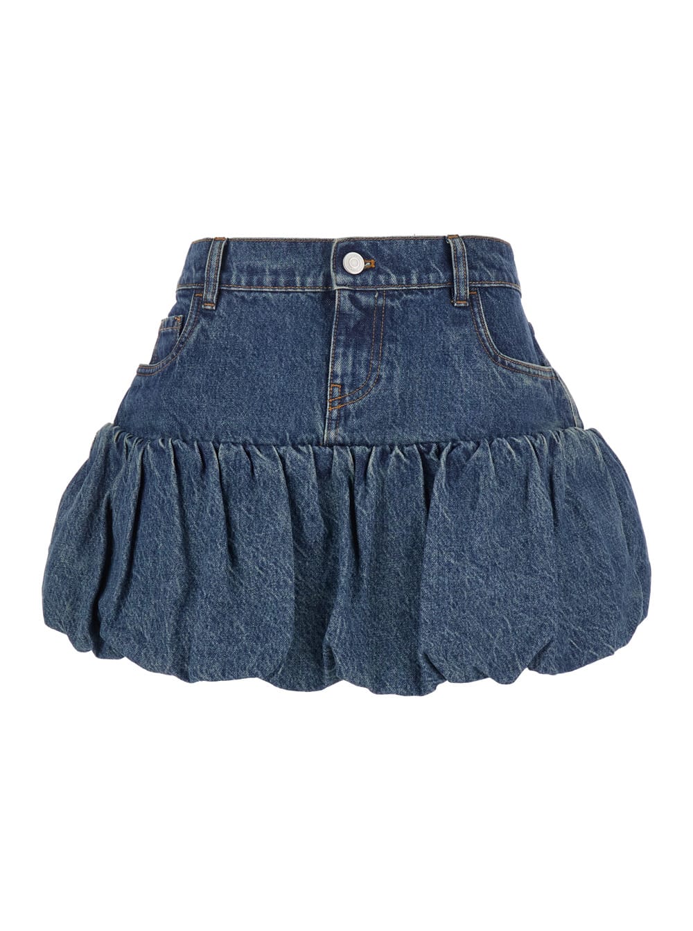 Coperni Blue Miniskirt With Logo Patch On The Rear And Gathered Hem In Denim Woman