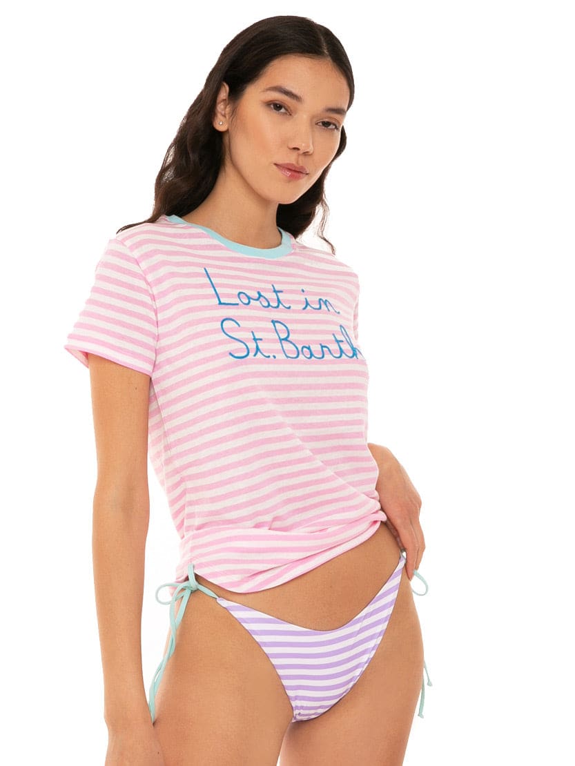 MC2 Saint Barth Woman Striped T-shirt With Lost In St. Barth Embroidery