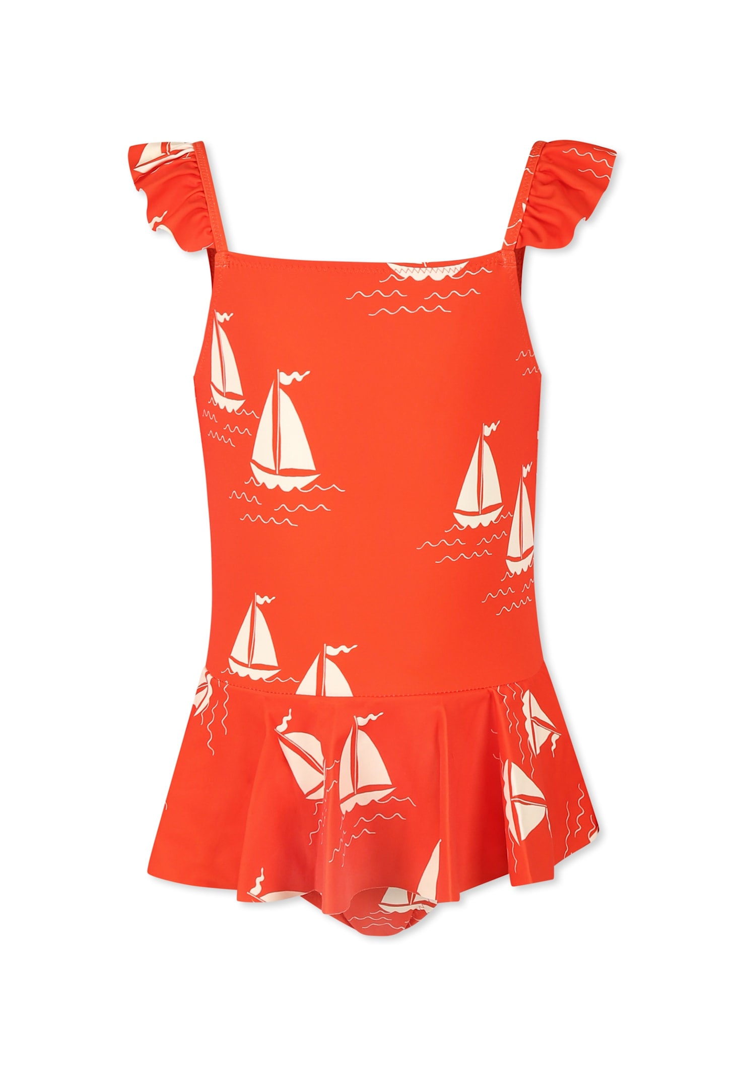 Mini Rodini Red Swimsuit For Girl With Sailboats
