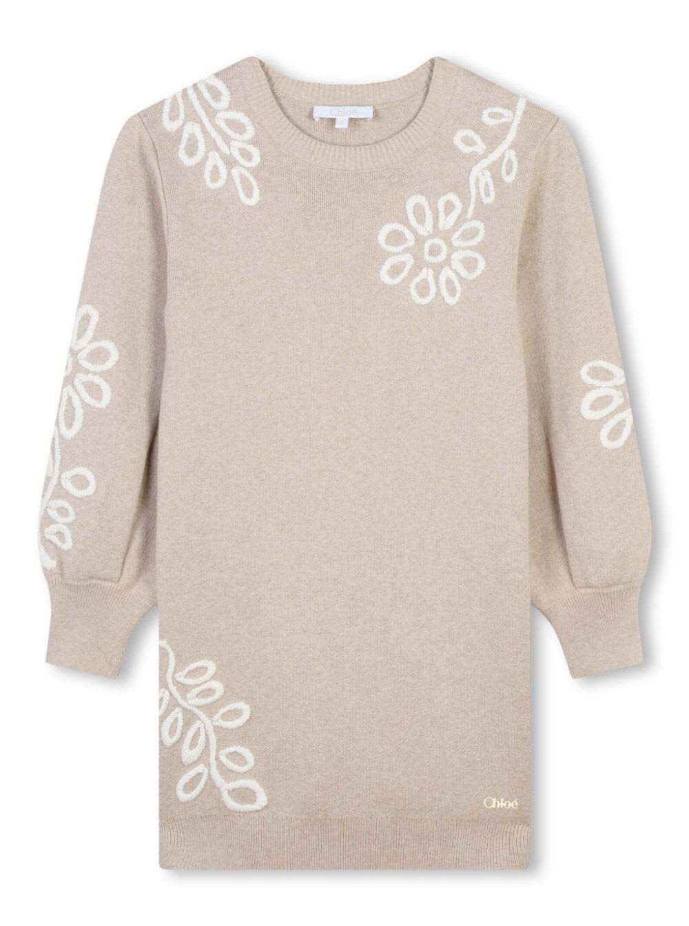 Chloé Beige Crewneck Dress With Embroideries In Cotton And Wool Girl