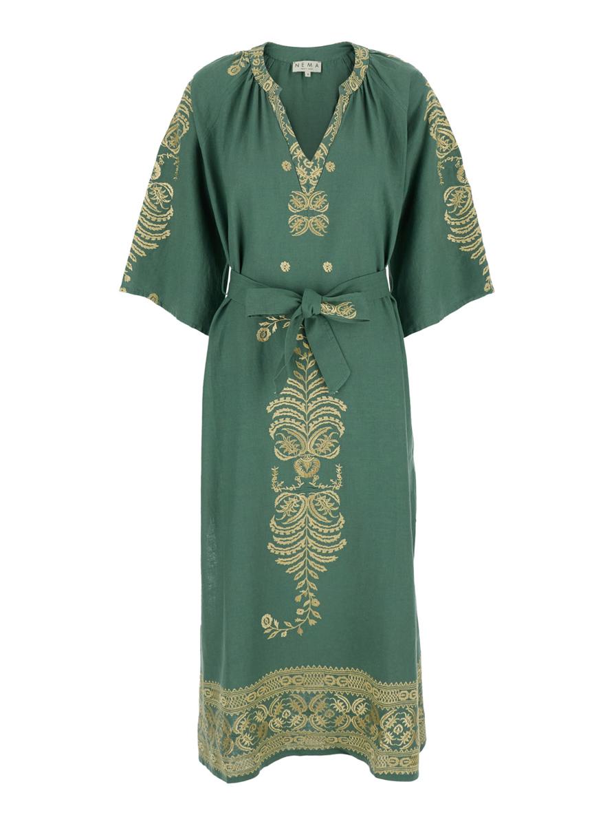 'Maria' Green Dress With V-Neck And Tie Belt At The Waist In Linen Blend Woman