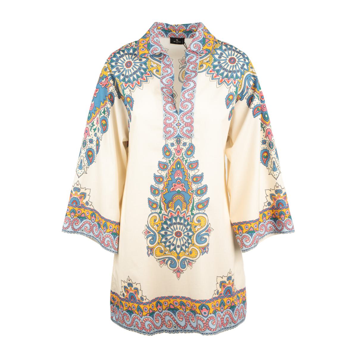 Etro Ivory Cotton Kaftan Dress With Multicolored Paisley Pattern