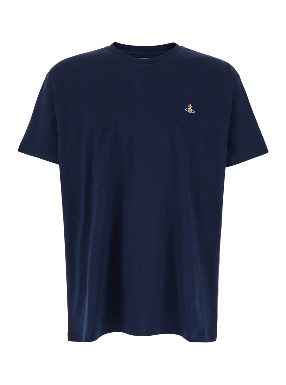 Vivienne Westwood Blue Crewneck T-shirt With Orb Detail In Cotton Man