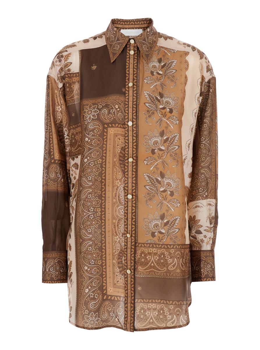 'Lucky' Brown Shirt With Classic Collar And All-Over Floral Print In Silk Woman