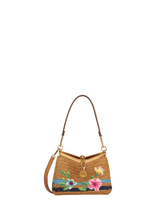 Etro, Sac Vela En Raphia Brodé Petit Modèle, Femme, Marron Clair
