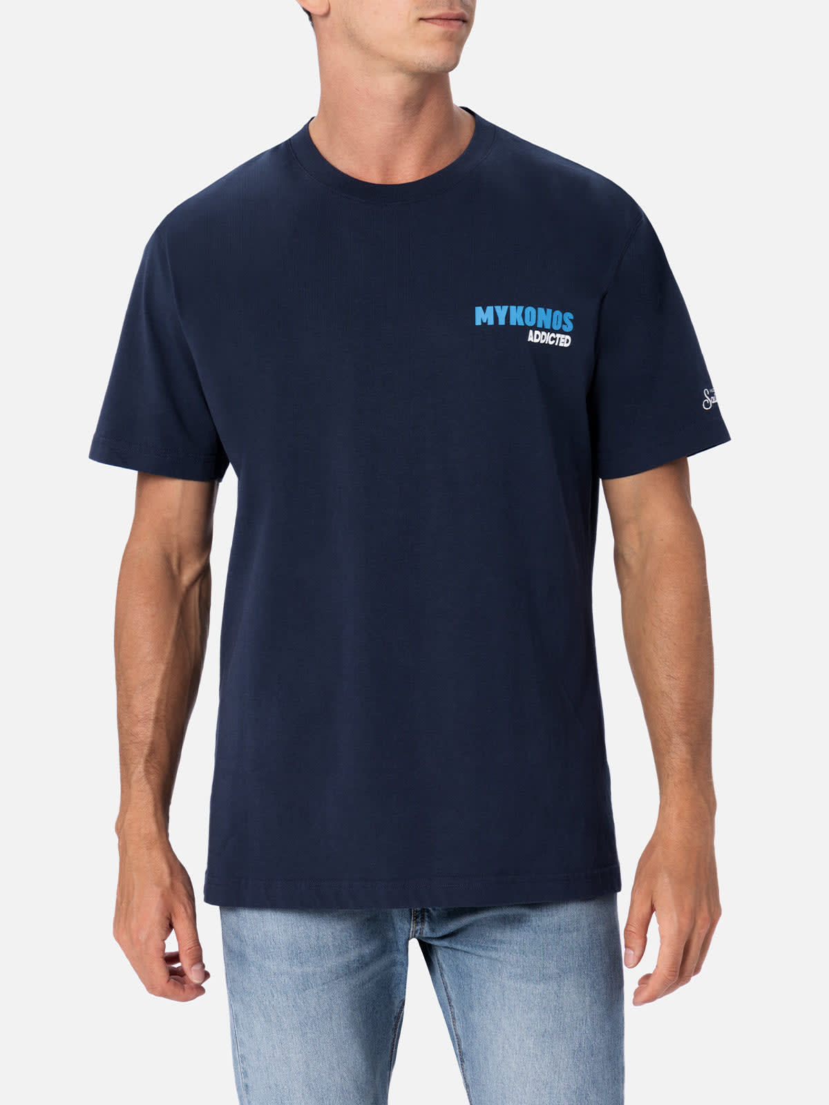 MC2 Saint Barth Man Cotton T-shirt With Mykonos Addicted Postcard Placed Print