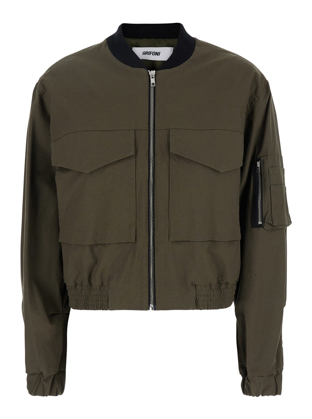 Mauro Grifoni Green Cropped Jacket With Maxi Pockets On Front And Sleeve In Cotton Woman