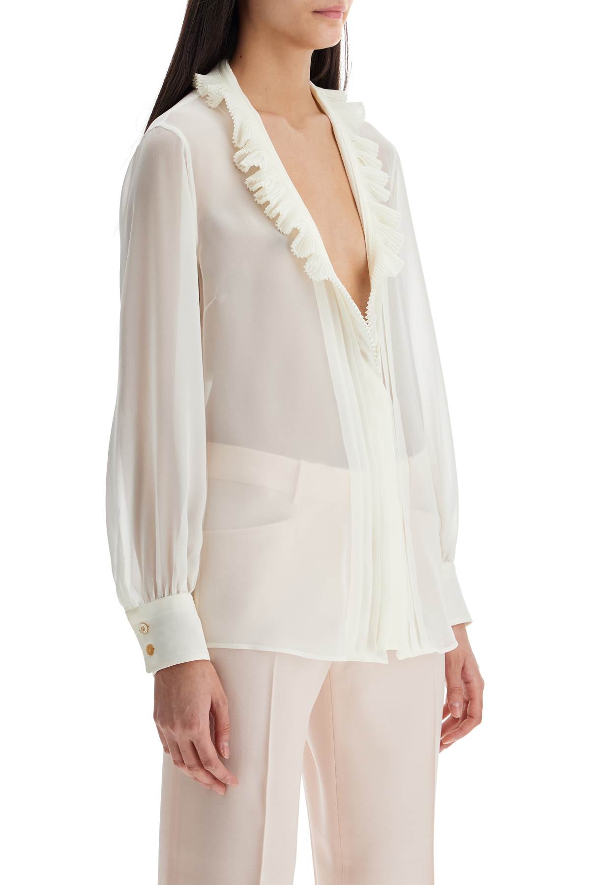 Tom Ford Cream Silk Shirt With Ruffled Collar And Mother-of-pearl Buttons