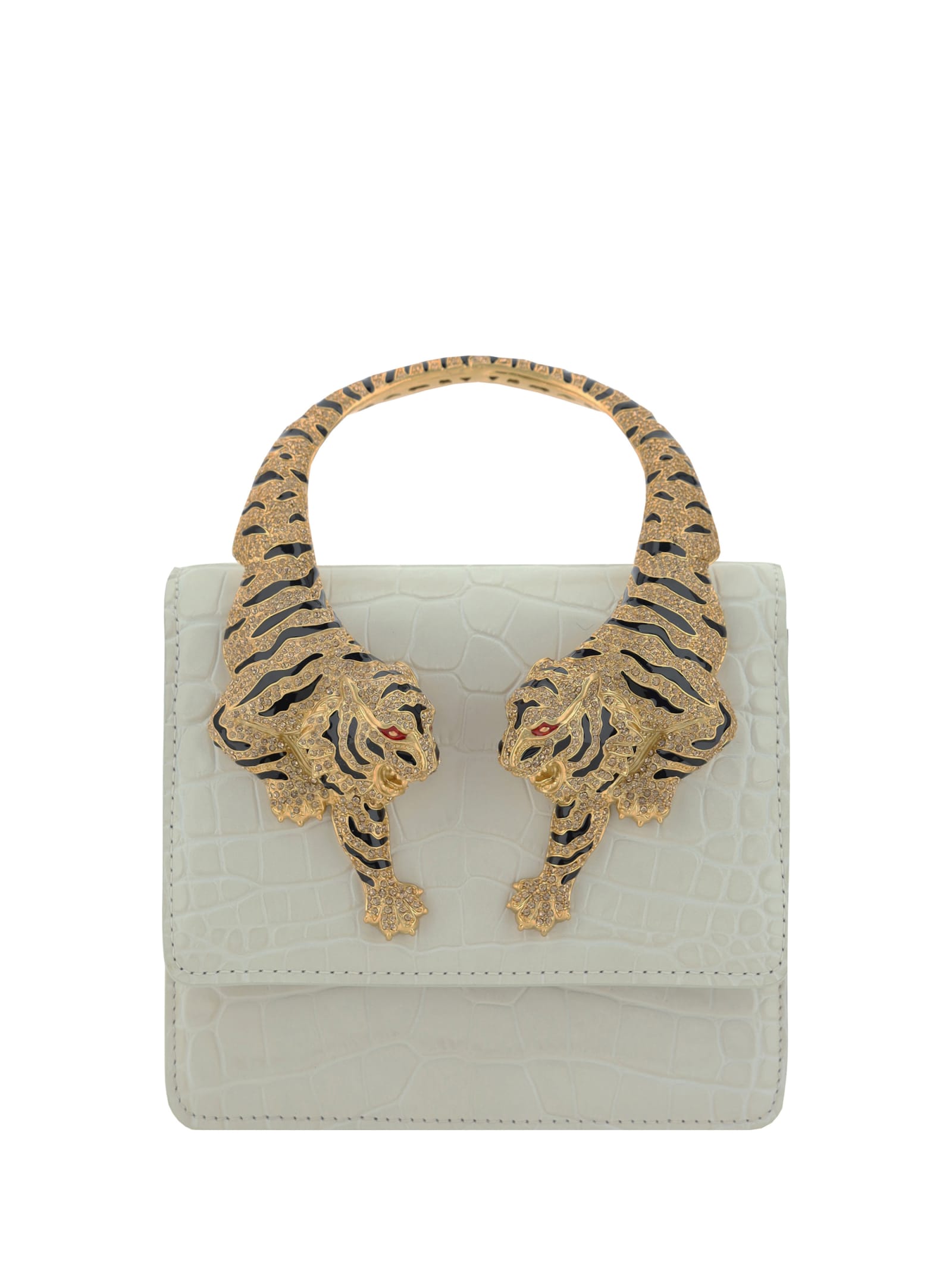 Roberto Cavalli White Medium Roar Shoulder Bag With Jewelled Tigers