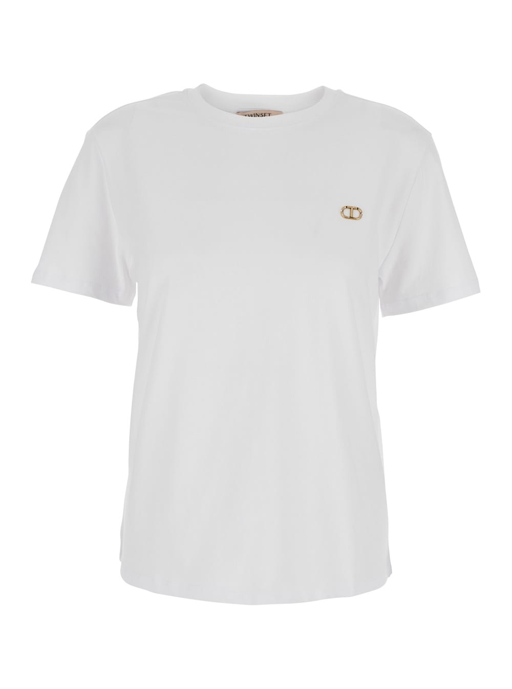 TwinSet White T-shirt With Metallic Logo Plaque On The Front In Cotton Woman
