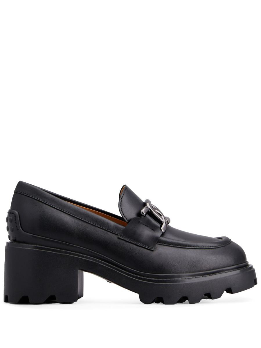 Tod'S Semi-Shiny Leather Heeled Loafers With Metal Chain Shoes