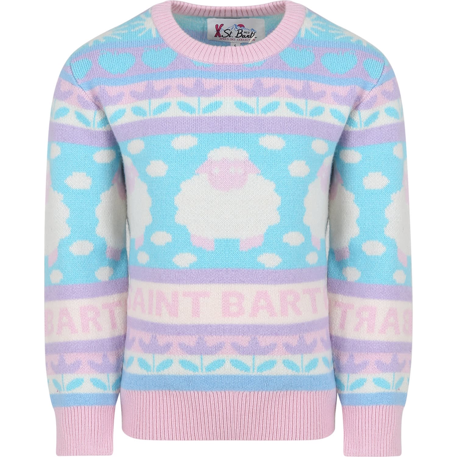 MC2 Saint Barth Light Blue Sweater For Girl With Logo And Jacqurd Motif