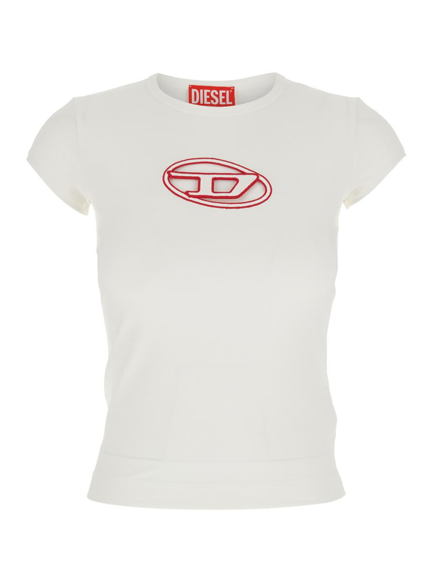 White T-Shirt With Round Neck And Logo Plaque On The Front In Cotton Woman