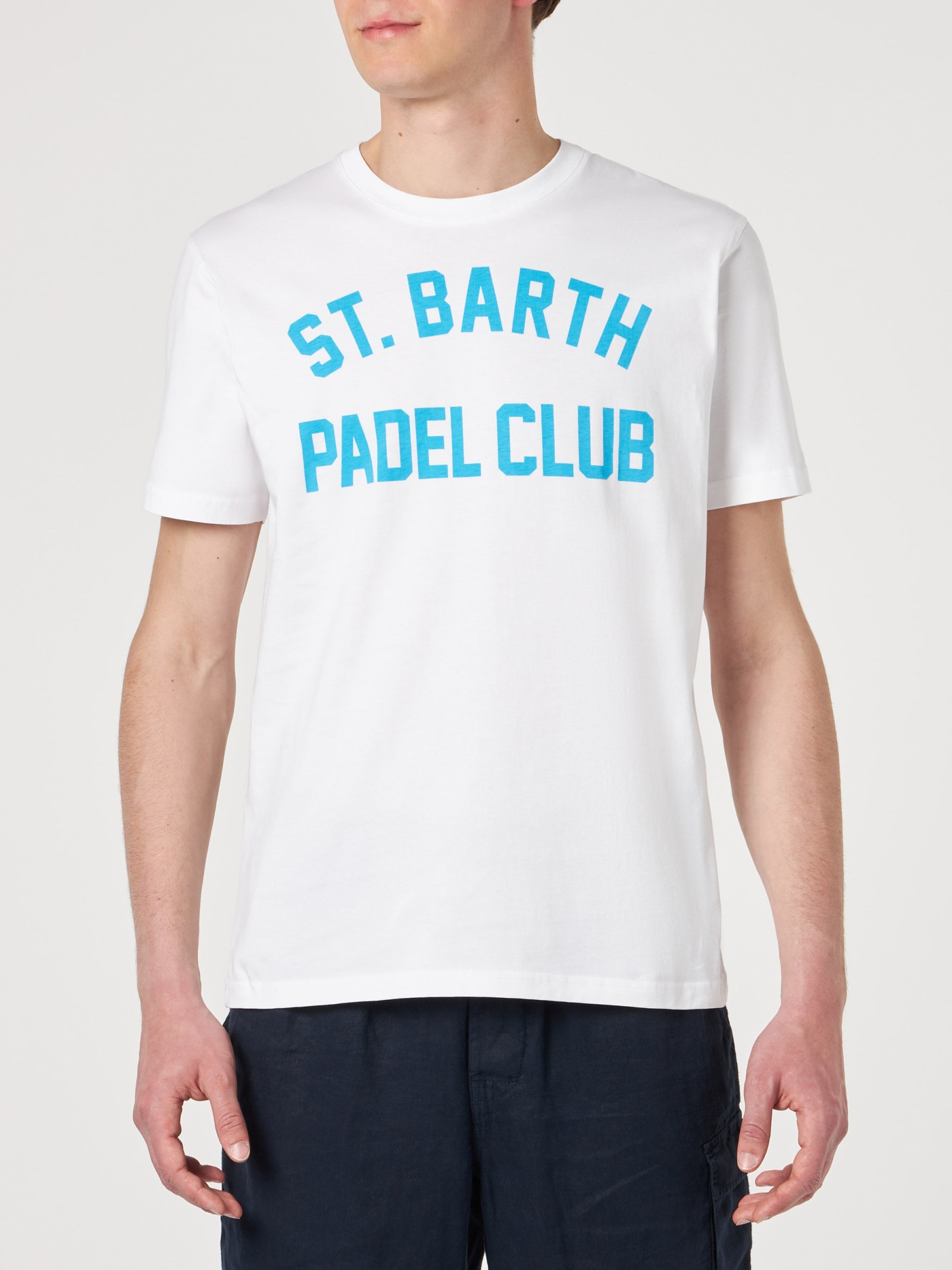 MC2 Saint Barth Man White Cotton T-shirt With St. Barth Padel Club Print