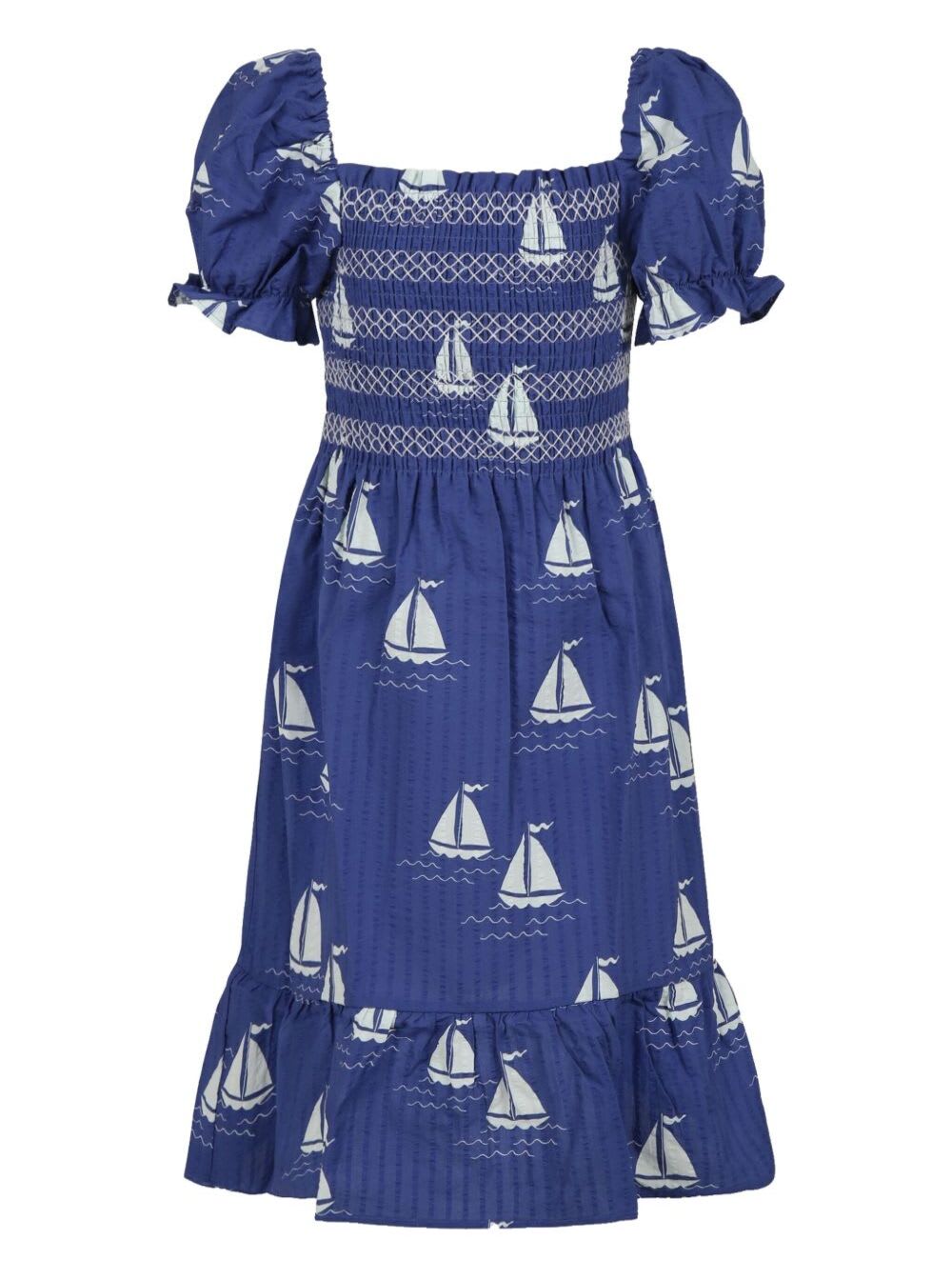 Mini Rodini Blue Dress With Square Neckline And All-over Boat Print In Cotton Girl
