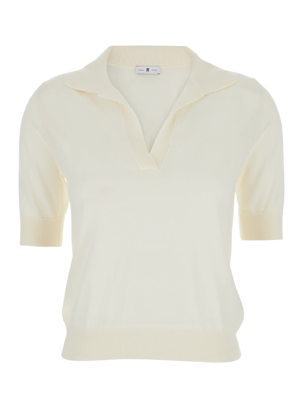PT Torino White Polo With V-neck And Short Sleeves In Virgin Wool Woman