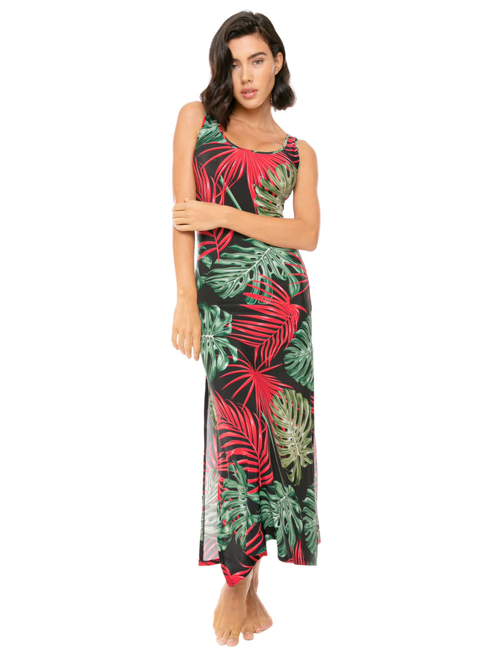 MC2 Saint Barth Long Tank Dress Vintage Leaves Print