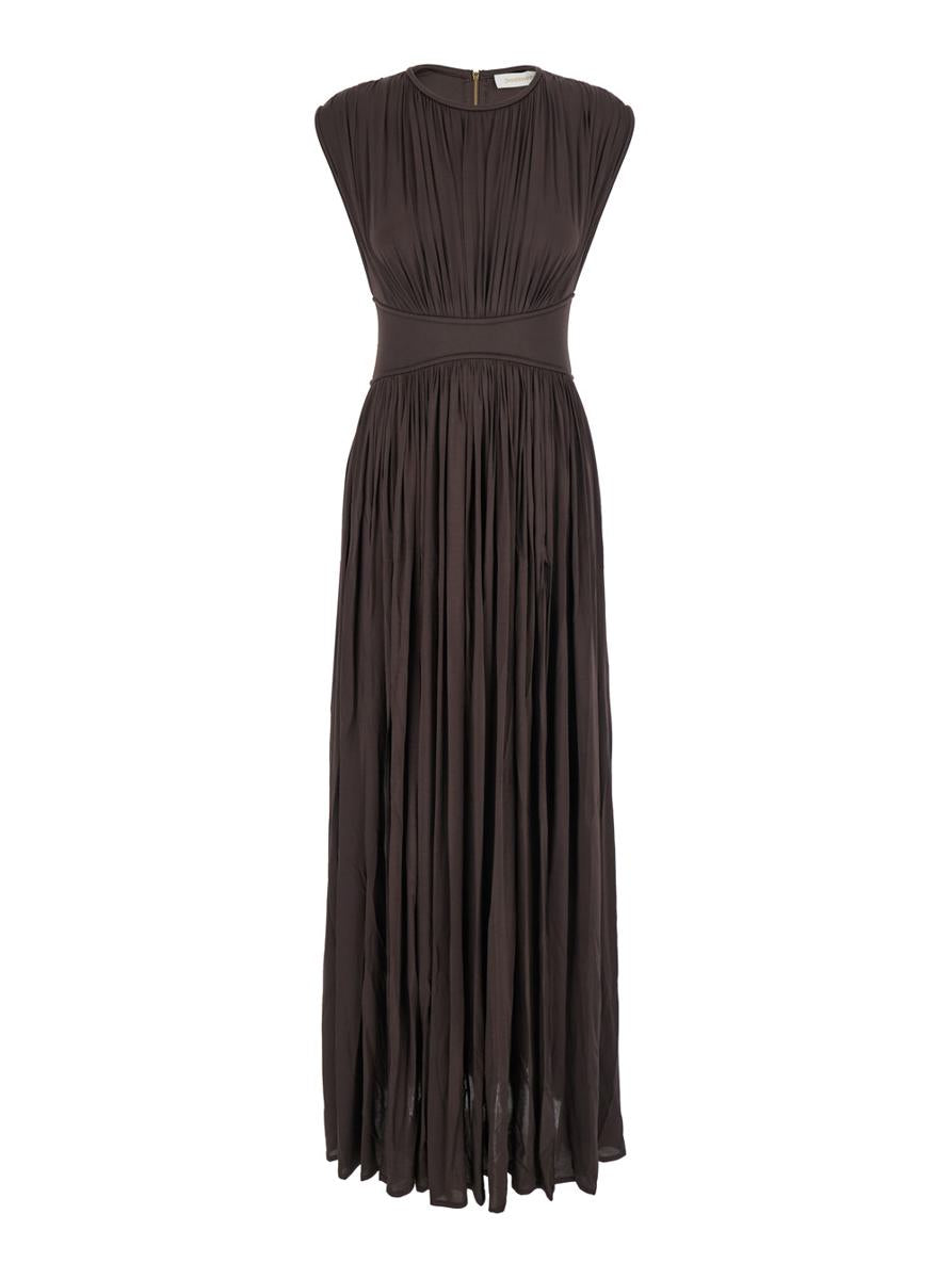 'Illuminate' Brown Long Dress With Gathered Neckline And Waist And Front Single Split In Viscose Stretch Woman