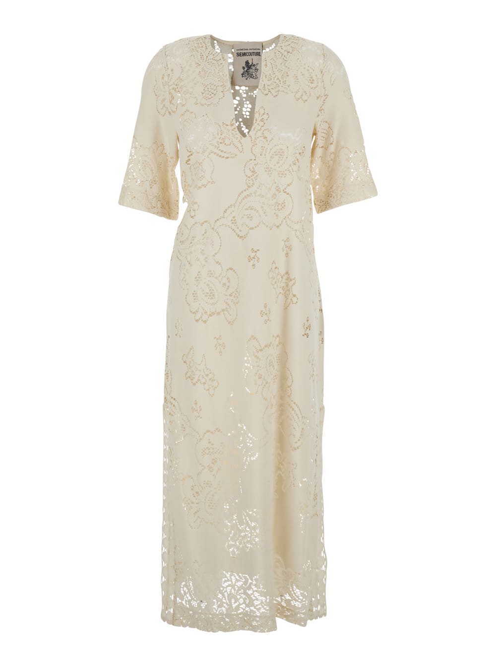 SEMICOUTURE White Long Dress With Deep V-neck And Lace Details In Cotton Blend Woman