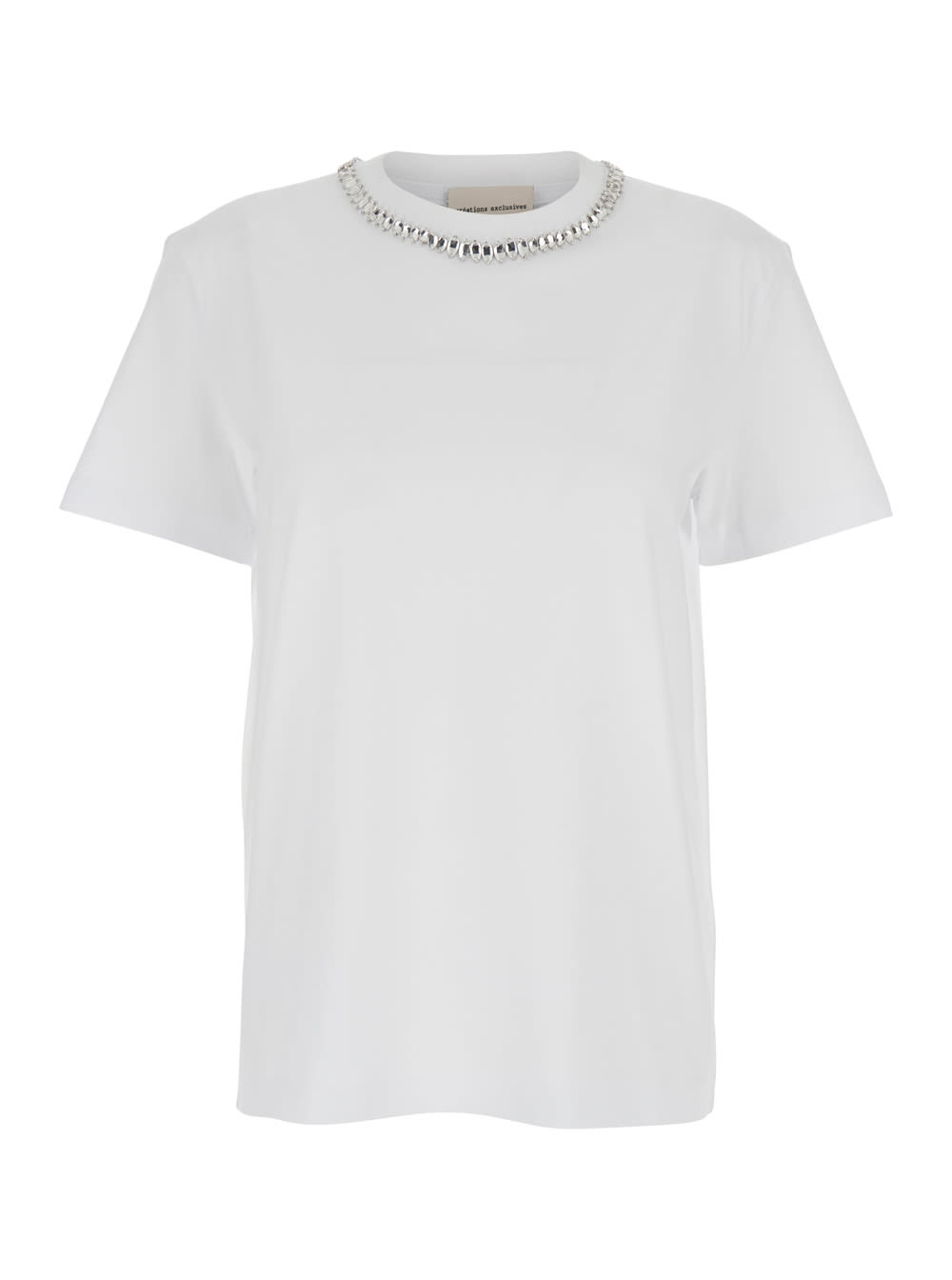 SEMICOUTURE White Round Neck T-shirt With Metallic Decorations In Cotton Woman