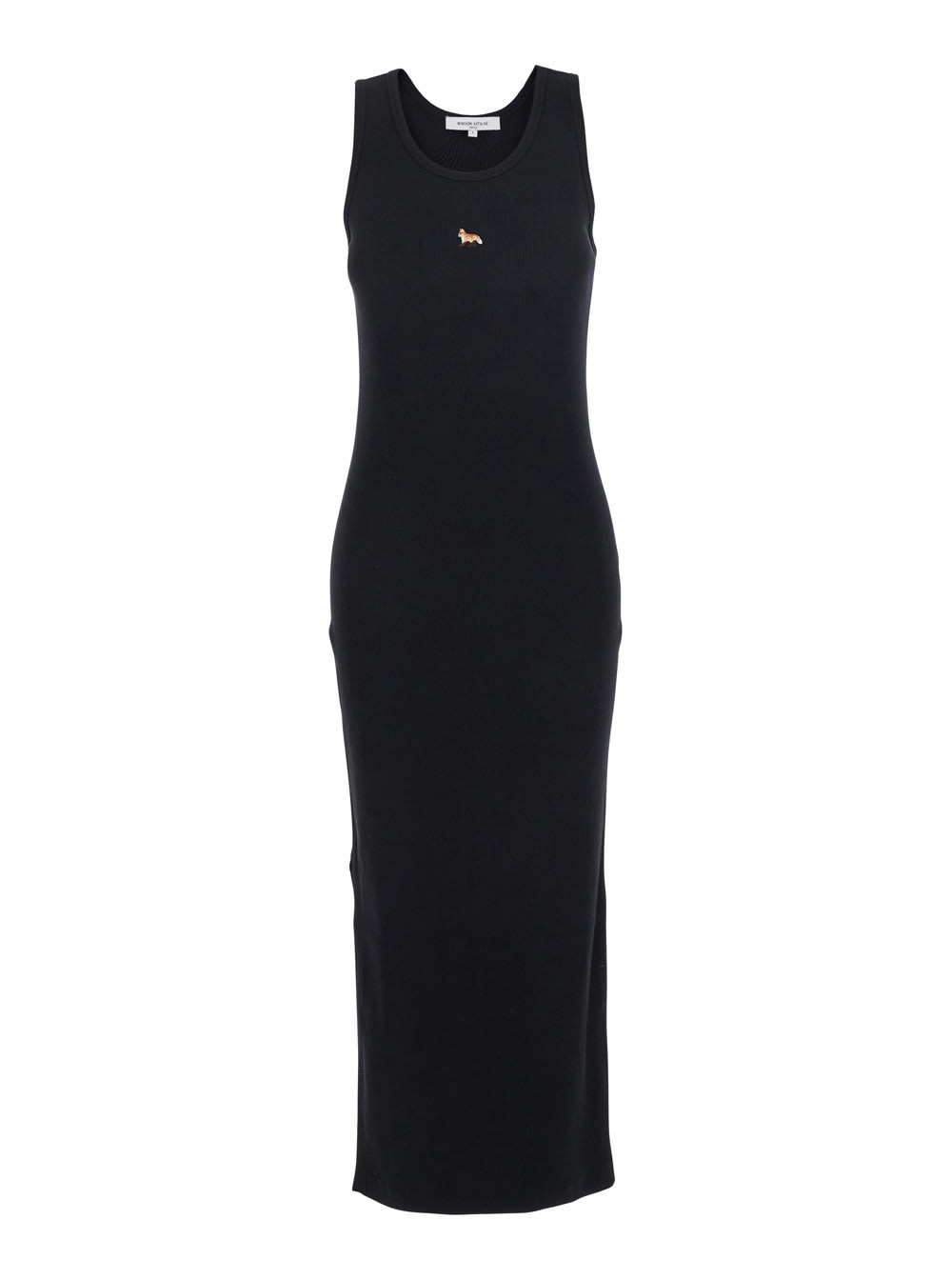 Maison Kitsuné Black Long Dress With Ribbed Design And Baby Fox Embroidered On The Front In Cotton Woman