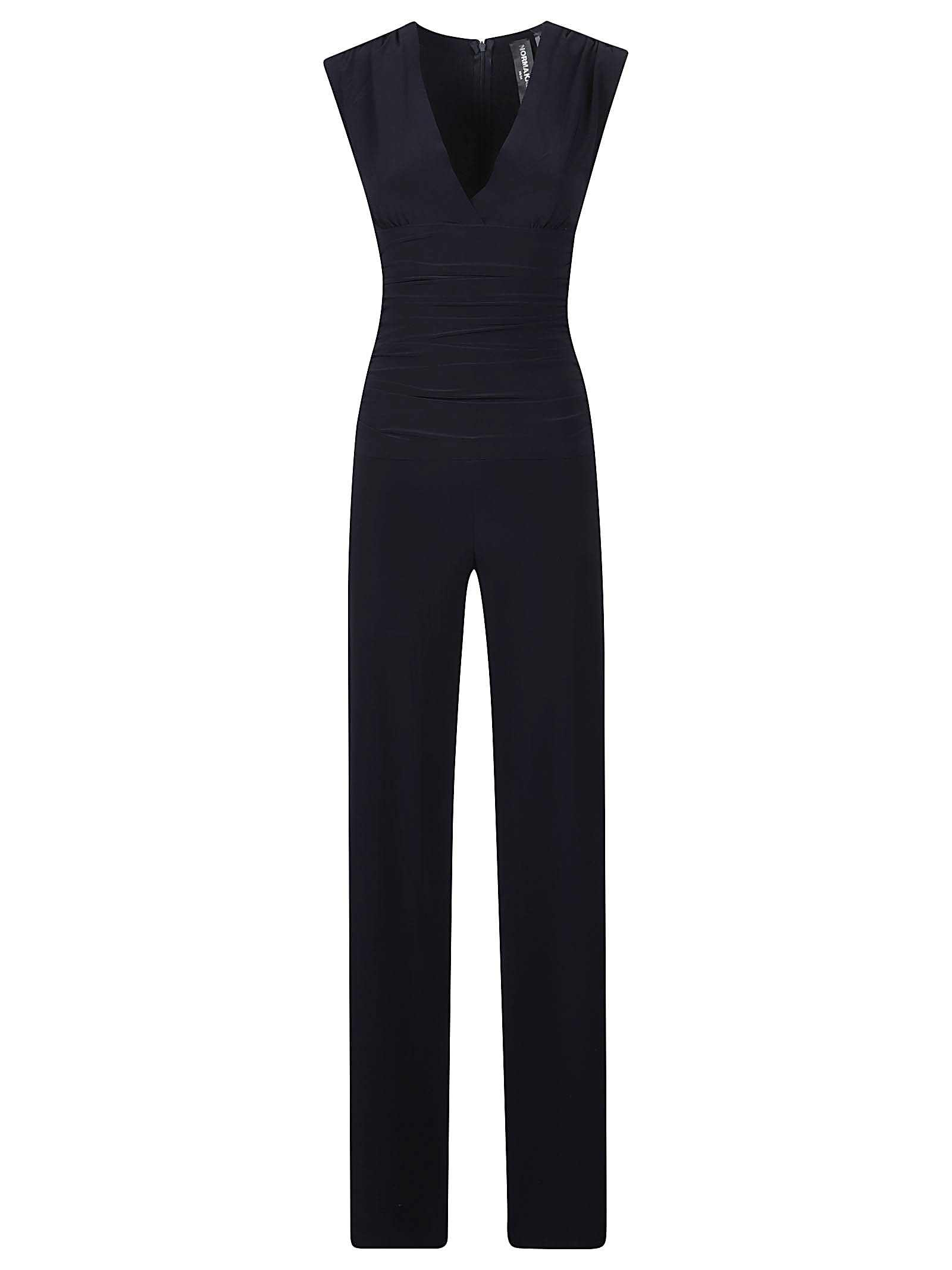 Norma Kamali Sleeveless V Neck Shirred Waist Jumpsuit