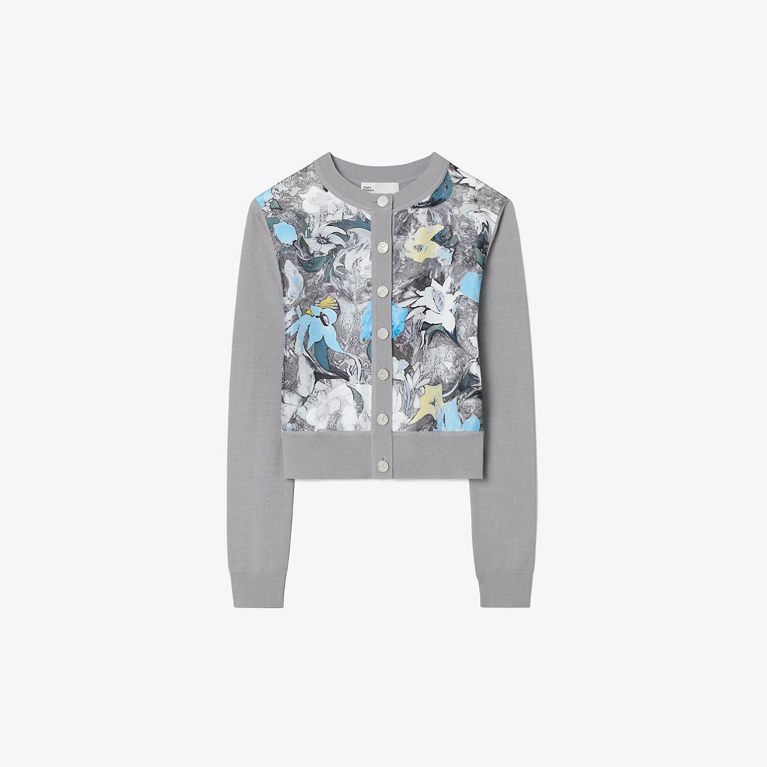 Tory Burch Cropped Silk-Front Cardigan