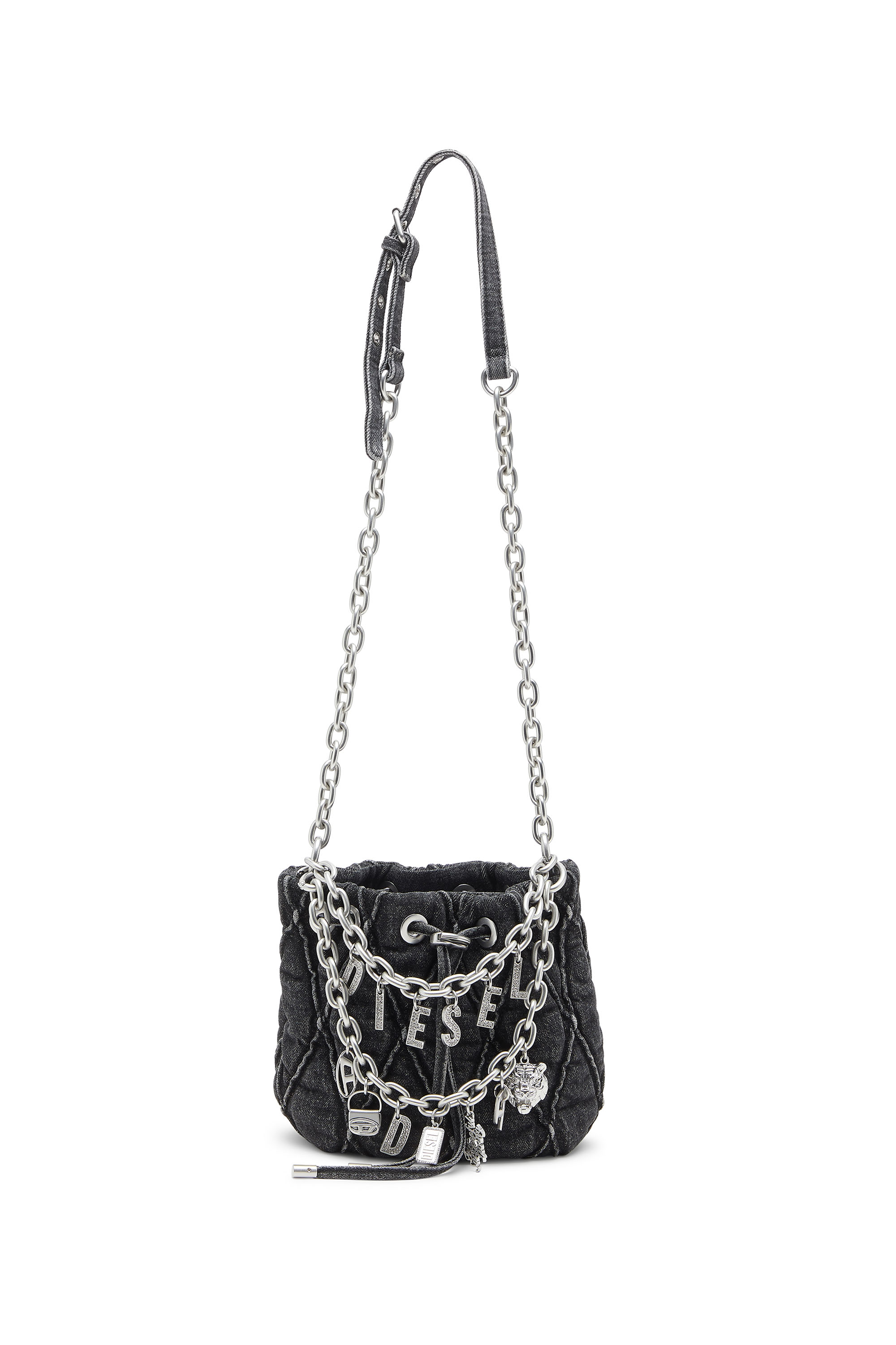 Diesel - Quilted-denim bucket bag with chain charms - Shoulder Bags - Woman - Black