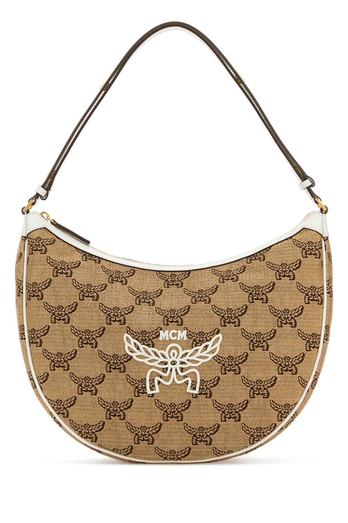MCM Embroidered Raffia Himmel Ascending Moon Shoulder Bag