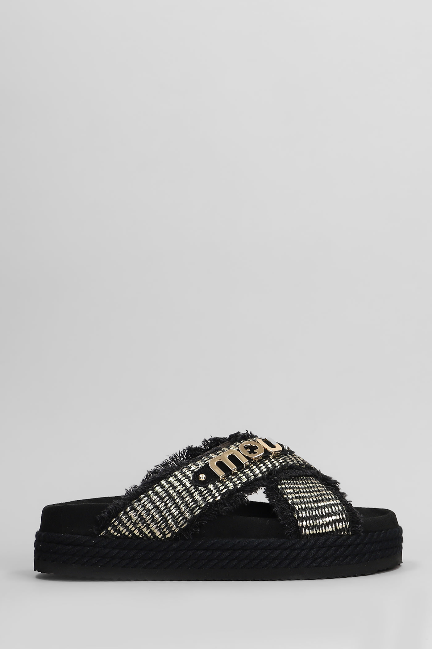 Mou Crisscross Flats In Black Raffia