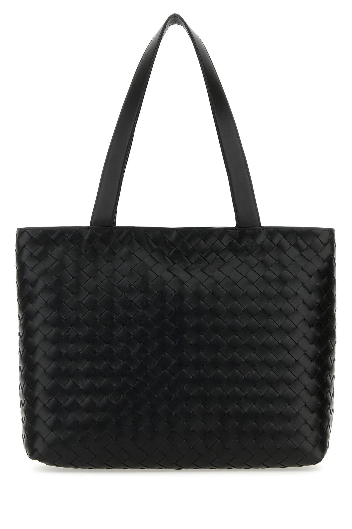 Bottega Veneta Black Leather Small Intrecciato Shopping Bag
