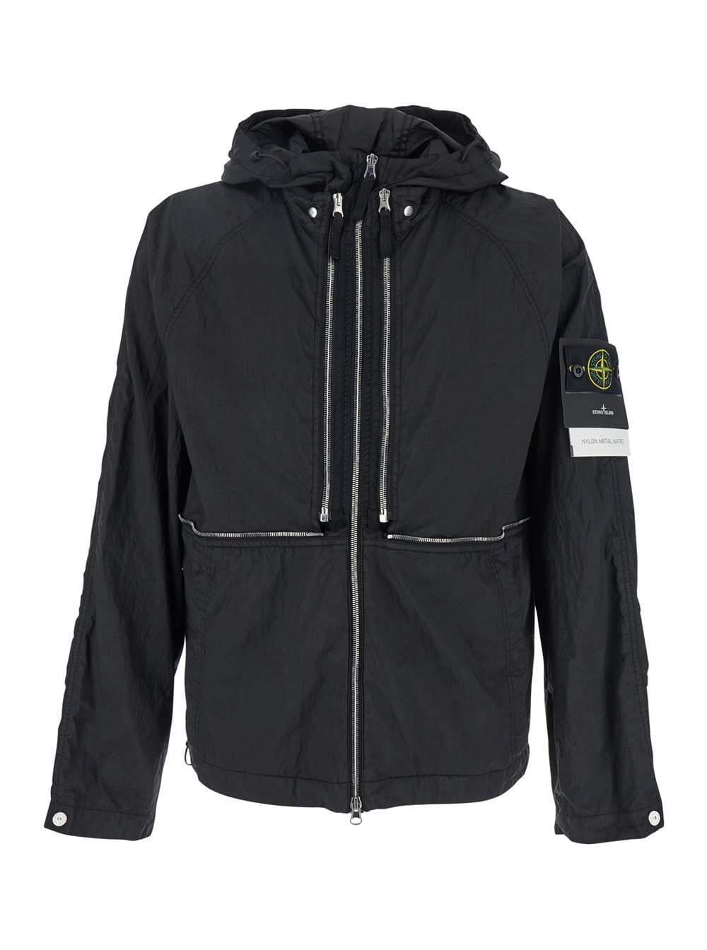 Stone Island Black Jacket With Compass Logo Patch Applied On The Sleeve In Tech Fabric Man