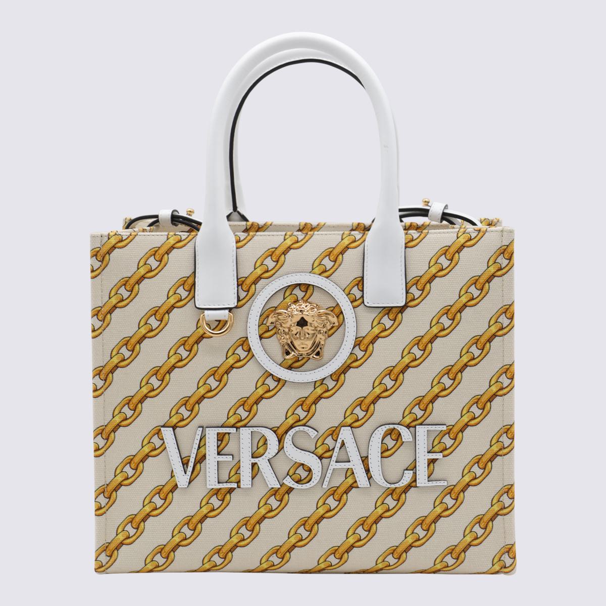 Versace White And Yellow Cotton Totes