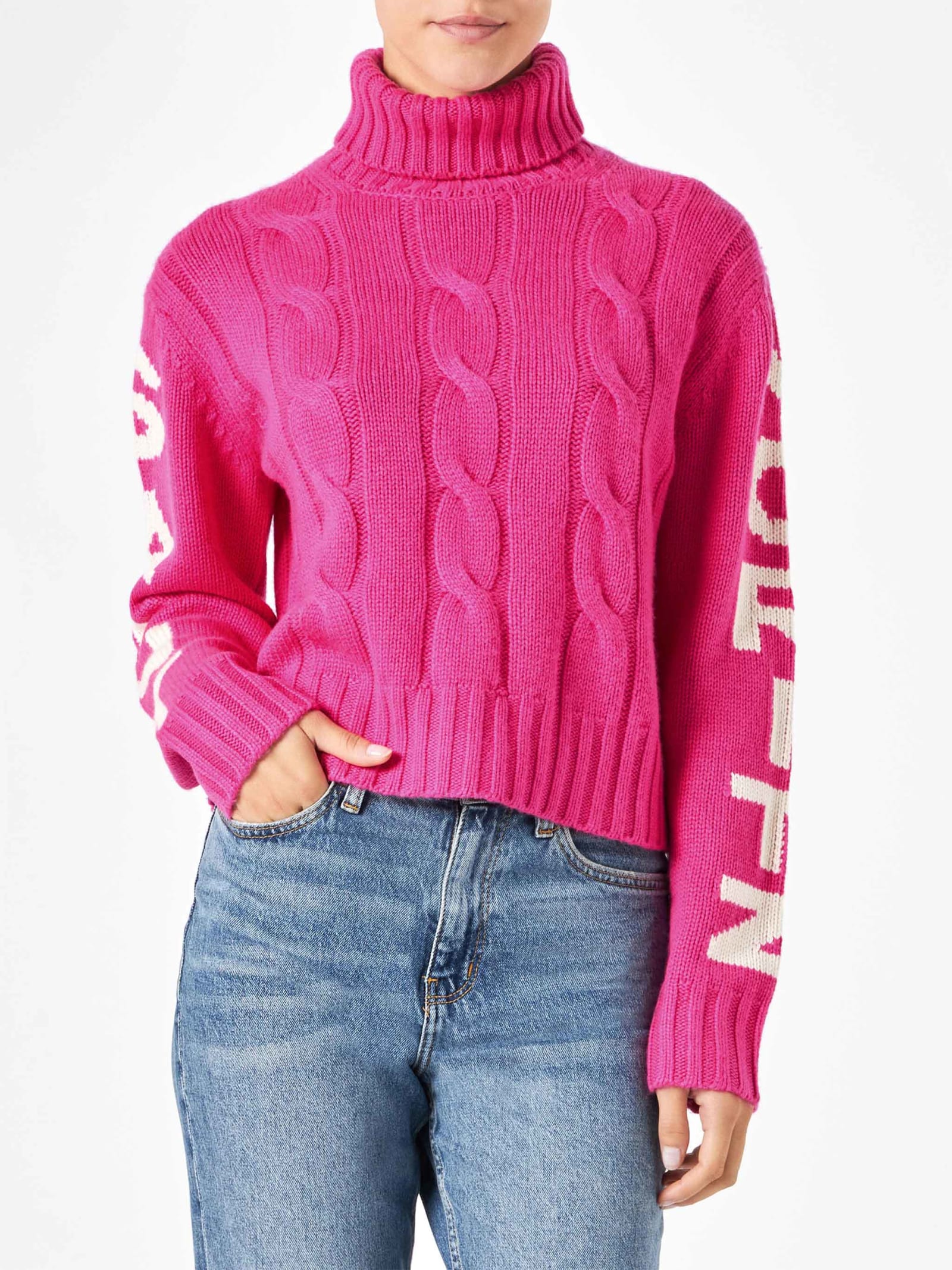 MC2 Saint Barth Woman Fluo Pink Turtleneck Braided Sweater