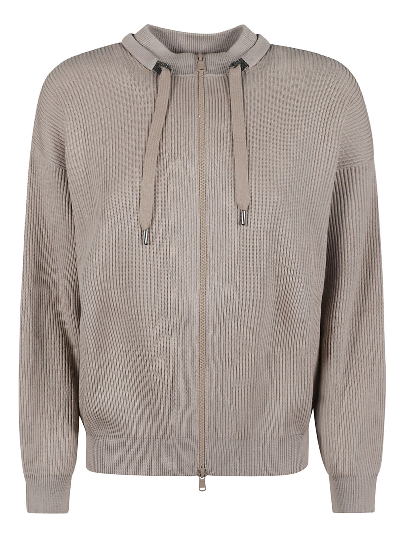Brunello Cucinelli Half English Rib Full Zip Crew Neck Sweater With Neck Ties