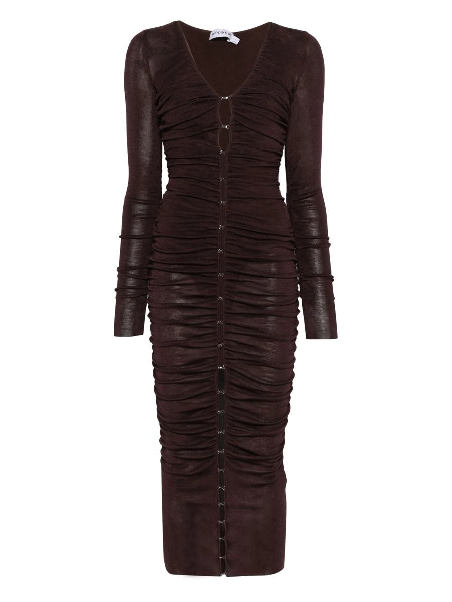 Self-Portrait Brown Gathered Viscose Knit Midi Dress Clothing