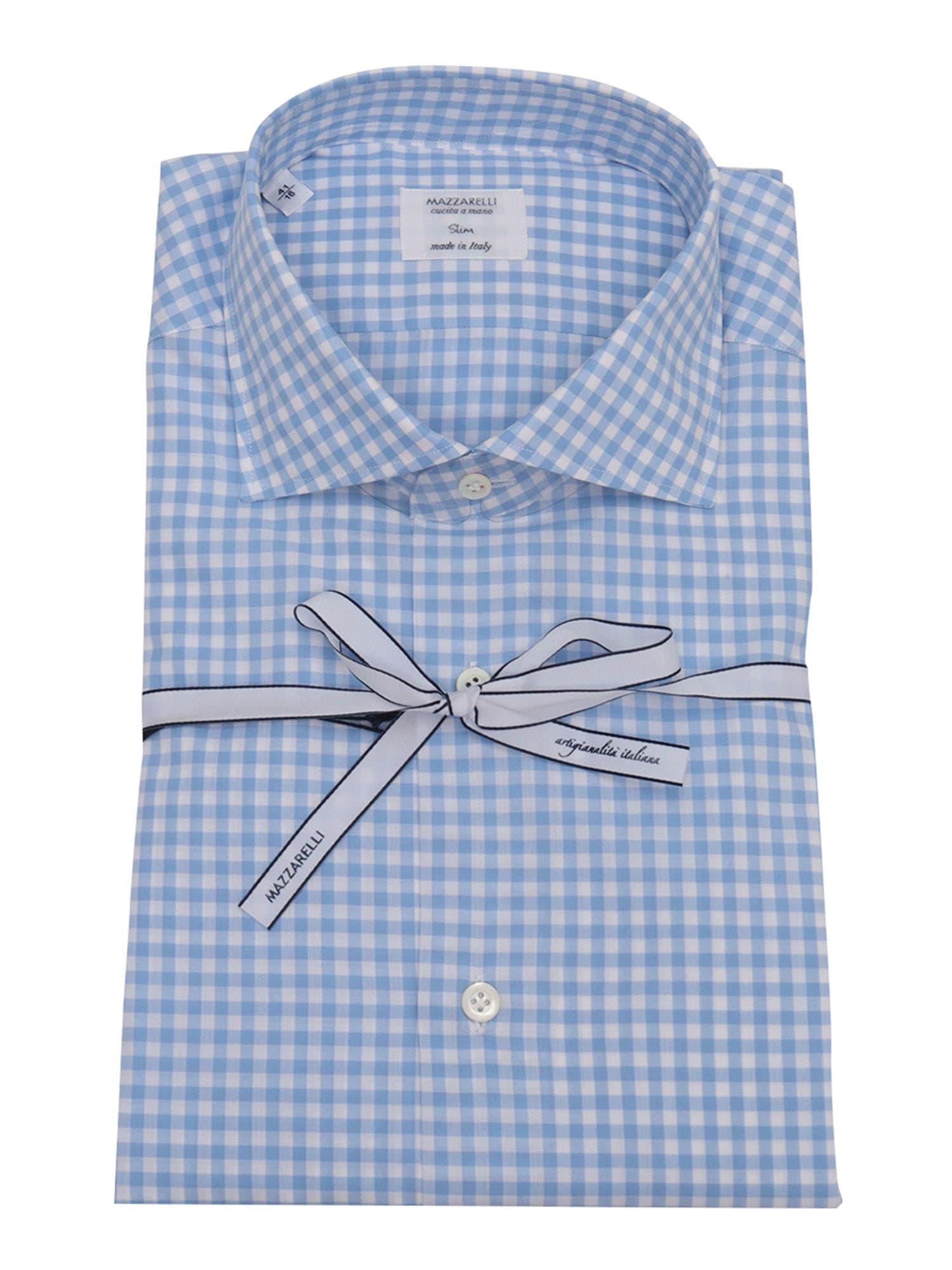 Mazzarelli 100% Cotton Checked Slim Fit Shirt In White And Blue