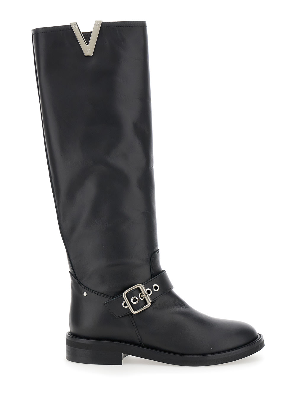 Via Roma 15 Black Knee Boots With V-lateral Detailing In Leather Woman