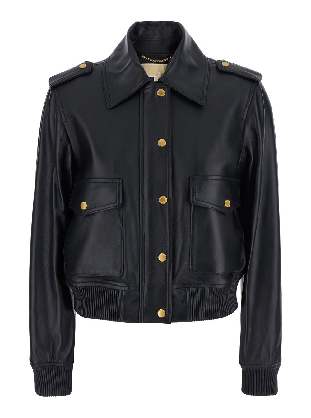 MICHAEL Michael Kors Black Jacket With Classic Collar Ans Ribbed Elastic Trims In Leather Woman