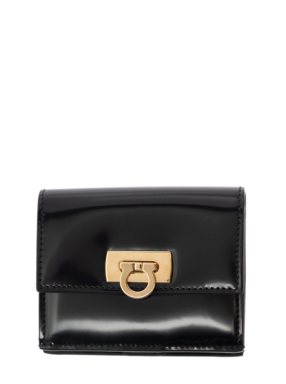 Ferragamo wanda Black Wallet With Gancini Closure In Patent Leather Woman