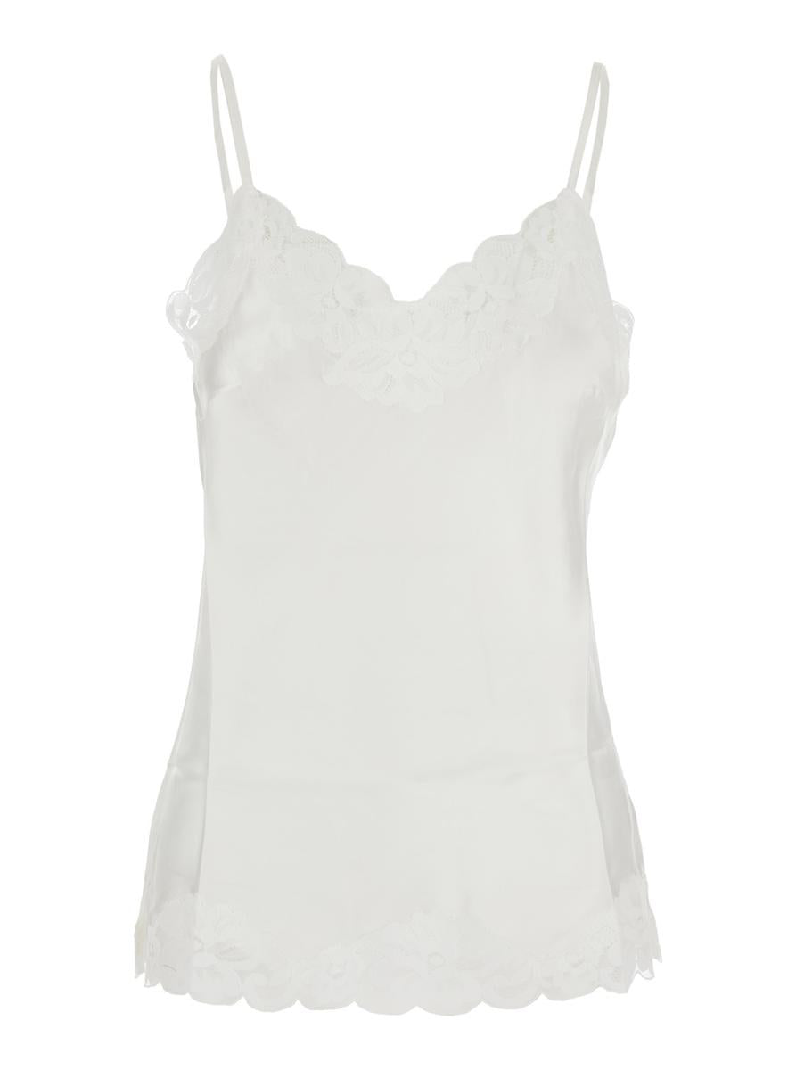 White Sleeveless Top With Adjustable Spaghetti Straps And Floral Emellishment In Silk Woman