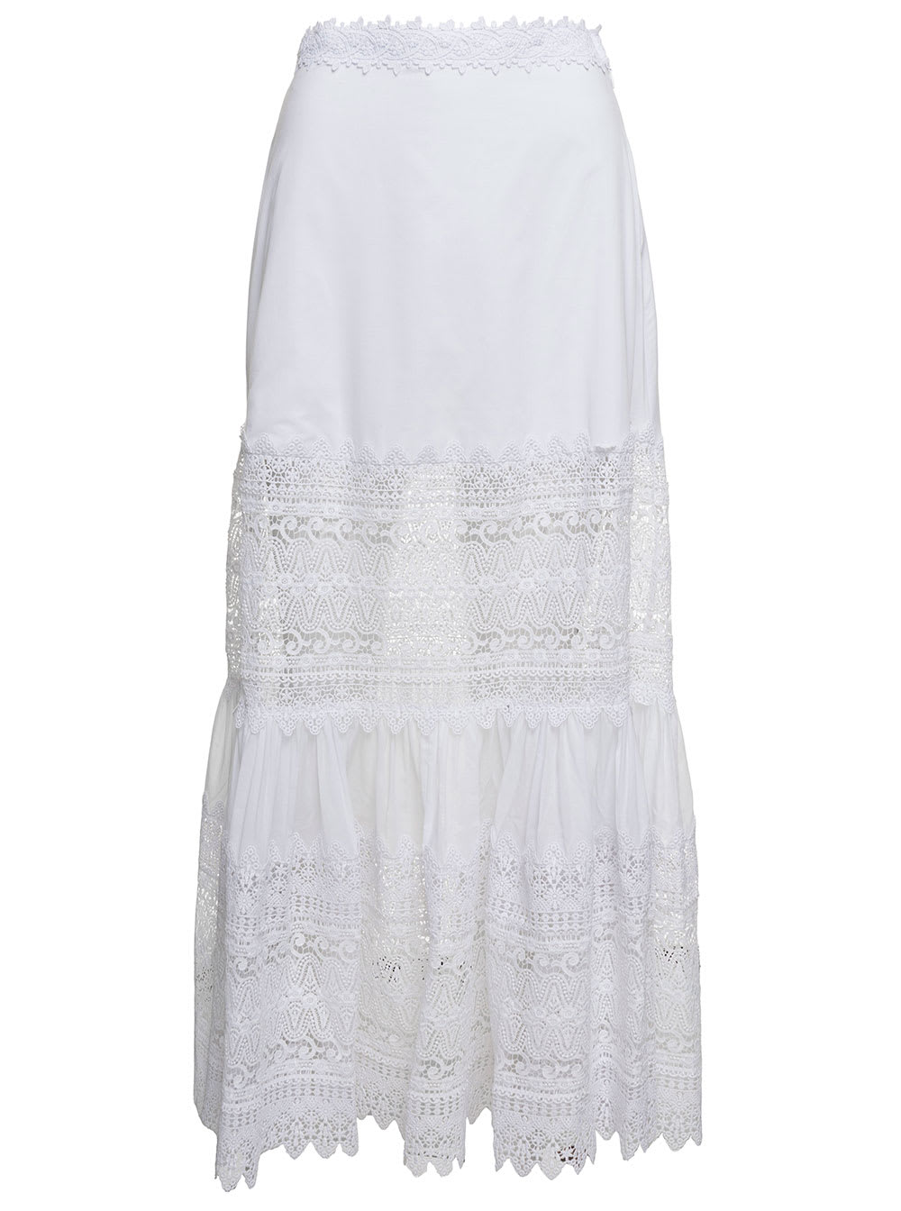 Charo Ruiz Viola White Flounced Skirt With Lace Inserts In Cotton Blend Woman