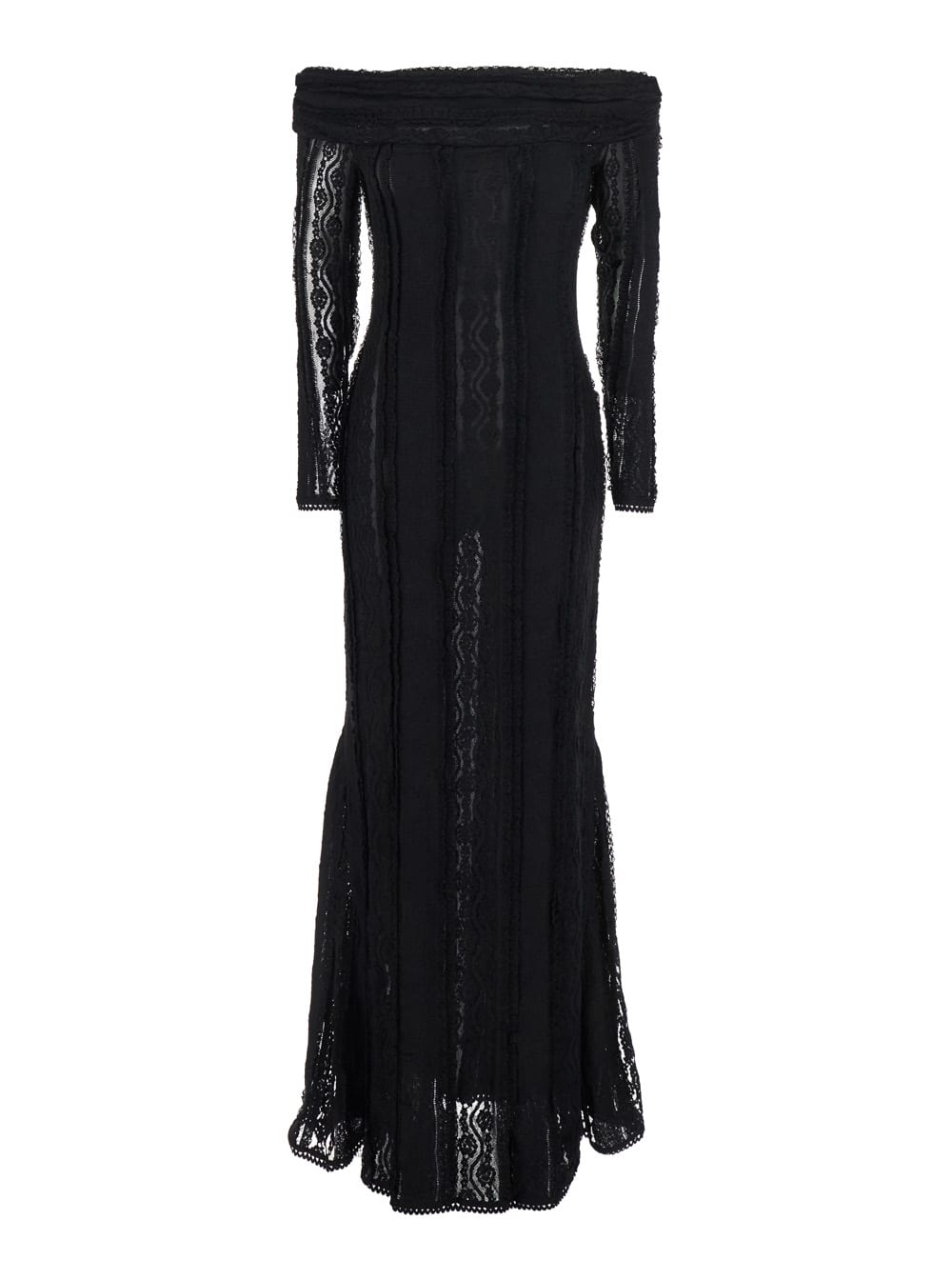 Charo Ruiz minerva Black Long Dress With Bardot Neckline And All-over Embroidery In Tech Fabric Woman