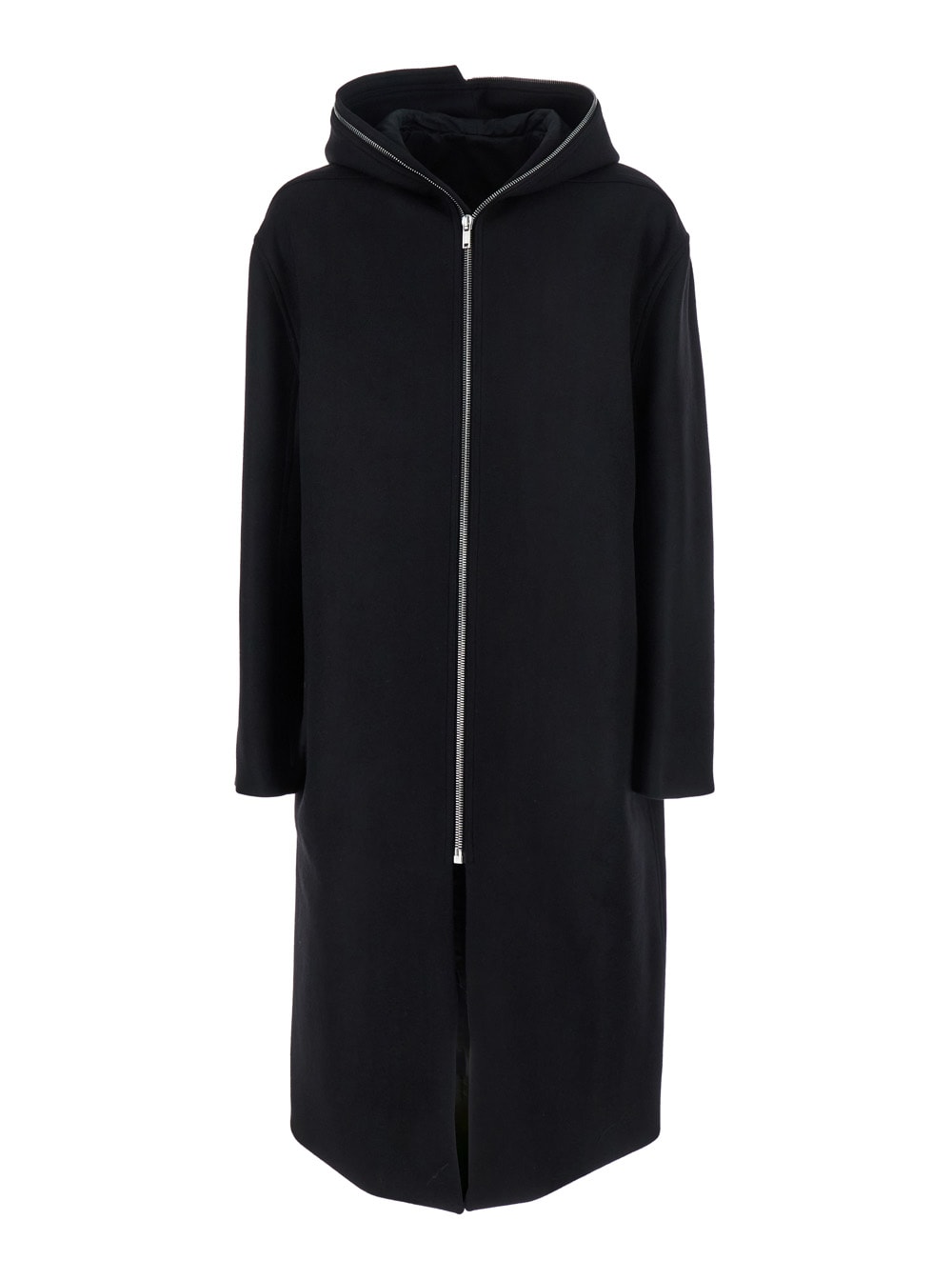 Rick Owens Black Coat With Fixed Hood And Rear Single Vent In Wool Man