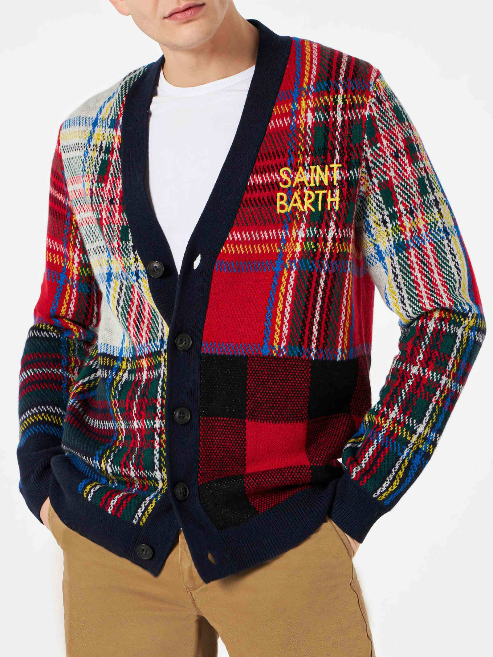 MC2 Saint Barth Man Tartan Knitted Cardigan With Saint Barth Embroidery